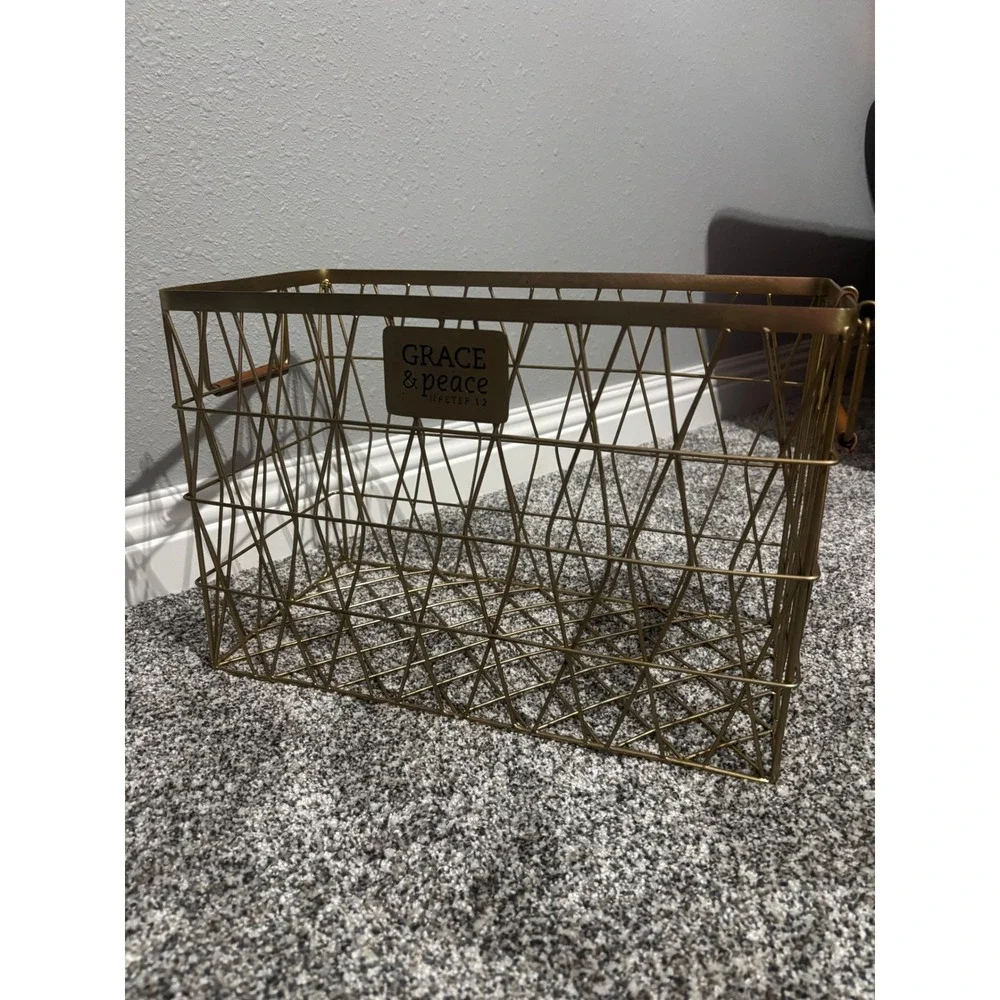 Grace & Peace Gold Wire Storage Basket II Peter 1:2 Geometric Metal Organizer